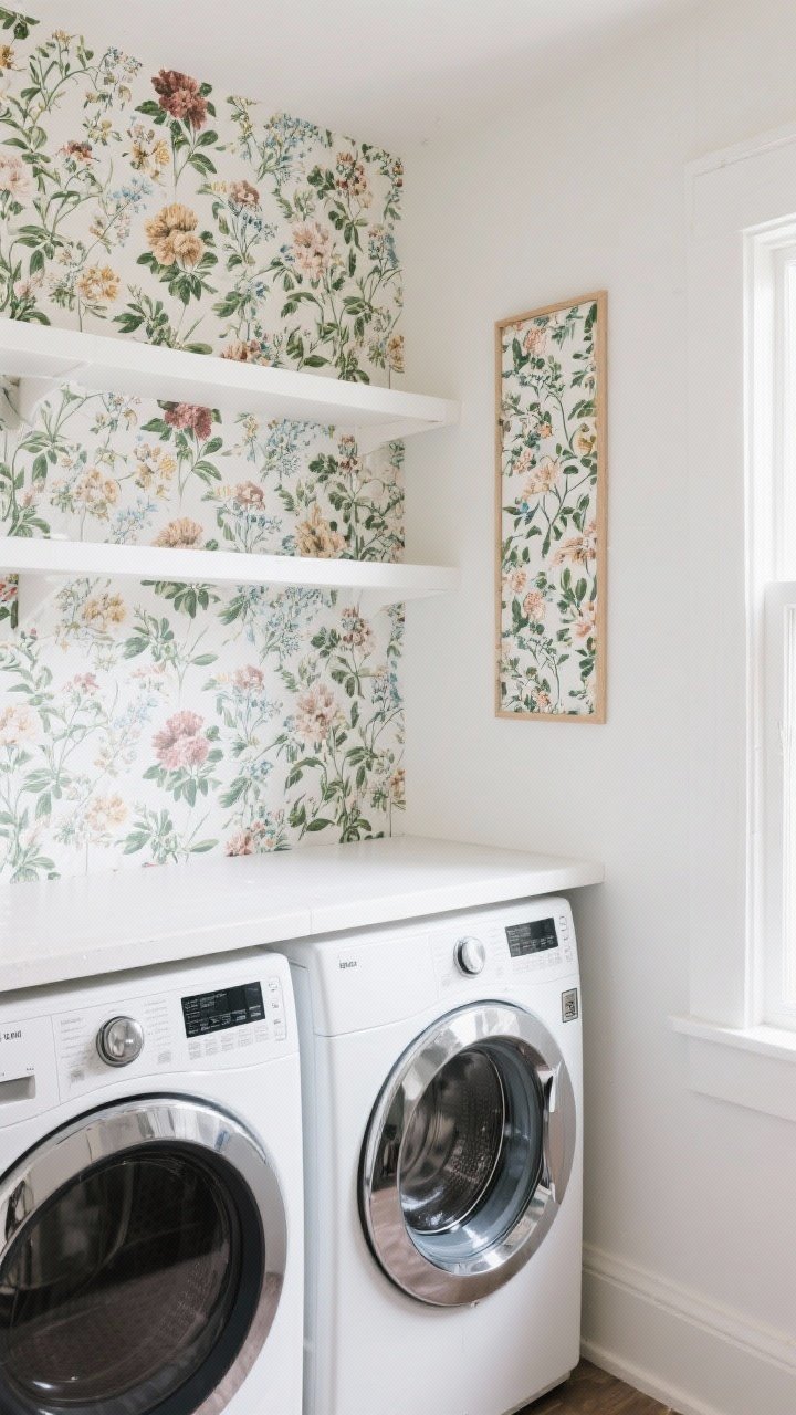 Photorealistic medium shot of a compact laundry nook with a single accent wall covered in bold, moisture-friendly peel-and-stick wallpaper featuring vintage botanical florals; crisp white floating shelves mounted over front-loading washer and dryer; satin sheen on wallpaper for wipeability; soft natural light from the side; include a framed strip of the same wallpaper hung like art on an adjacent white wall; clean, uncluttered styling emphasizing the pattern contrast against simple white shelving.