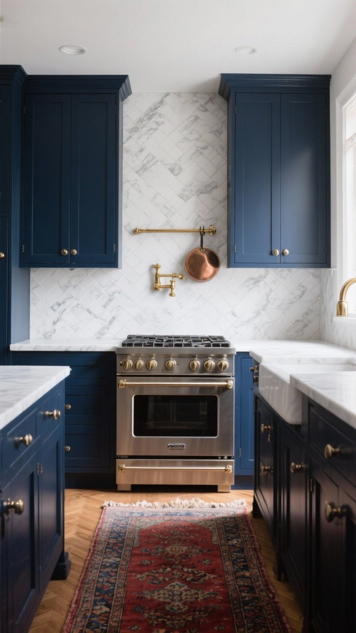 Photorealistic medium shot of a cooking zone: narrow Carrara marble tiles laid in a herringbone pattern as backsplash, framed by deep navy cabinetry with polished nickel hardware and a bright white quartz counter. Centered 36-inch range with a lacquered brass pot filler above. A plush vintage rug runner in faded reds and blues on the floor. Soft, refined lighting from the side.