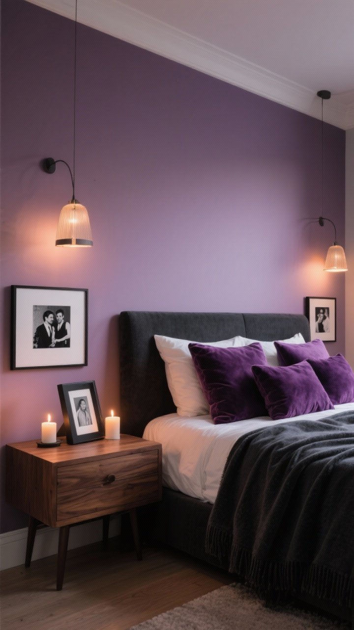 Photorealistic medium shot of a couple’s bedroom corner with smoky mauve embrace walls under warm evening bulbs; charcoal accents including a charcoal throw and minimalist black-and-white framed photos; walnut wood nightstand, velvet cushions in plum and eggplant on the bed, soft candlelight glow; three-quarter angle emphasizing sophisticated, gender-neutral mood