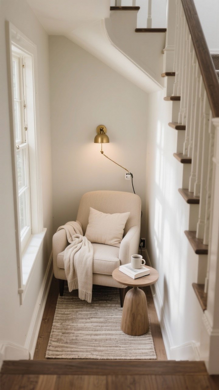 Photorealistic medium shot of a cozy reading nook on a stair landing: slim-profile upholstered armchair in oatmeal fabric with a lumbar pillow, soft throw draped over the arm, a petite round side table with a mug and book, and a small area rug defining the space; a plug-in brass sconce mounted above for task light; natural light from a nearby window creating dreamy ambiance; angle from the top stair looking slightly down into the nook.