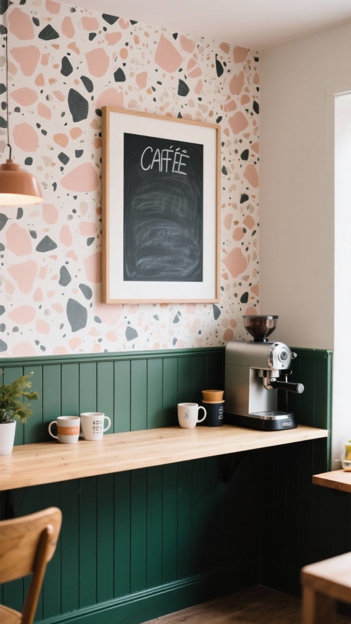 Photorealistic medium shot of a designated coffee corner with a bold peel-and-stick terrazzo wallpaper backdrop in muted blush, charcoal, and cream; a short beadboard half-wall painted deep forest green below, a single oversized framed cafe-style chalkboard centered, and a compact espresso machine on a light wood counter. Palette limited to 2–3 colors, straight-on view, soft morning light, clean composition with mugs and accessories popping against the contrasting backdrop.