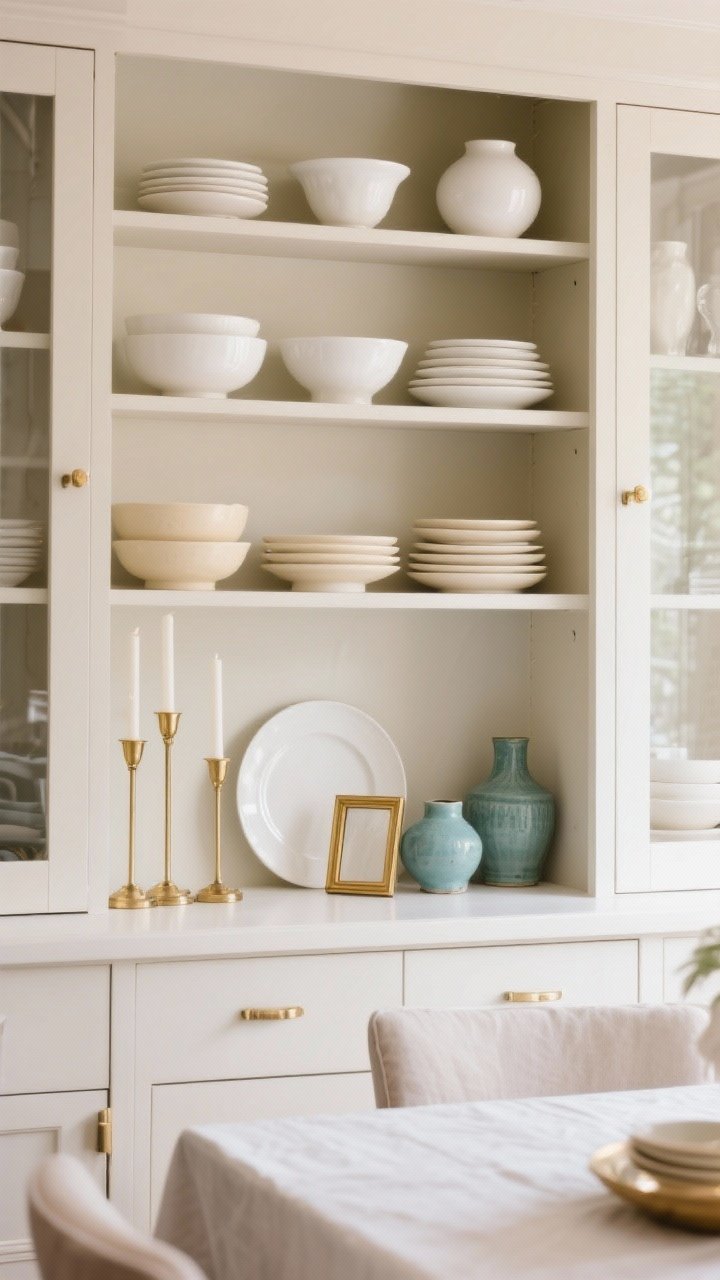 Photorealistic medium shot of a dining room hutch styled with a tight color story: neutrals and metallics. White and beige ceramics, cream plates, and matte white bowls repeat across shelves, with brass accents like slim candlesticks and a small brass frame. Include a monochrome variation on one shelf (all-white ceramics with subtle glaze differences) and a soft-contrast shelf of creams with muted blue-green pieces. Keep the hutch back panel neutral so colors pop. Soft natural daylight, straight-on view, curated but not crowded.