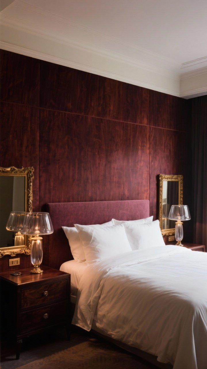 Photorealistic medium shot of a dramatic accent wall in deep rosewood behind the bed, sultry and refined; ivory bedding breaking up the richness, smoked glass lamps on nightstands; antique brass frames and a dark wood dresser complementing the tone; ceiling painted a soft warm white visible at the top edge to keep the room from feeling heavy; dim evening lighting for intimacy