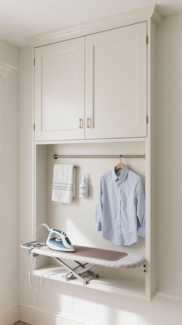 Photorealistic medium shot of a fold-down ironing station cabinet mounted on the wall: door closed, painted to match trim for a custom millwork look; slim towel bar mounted below holding a freshly pressed shirt; when open, shows ironing board, iron, spray bottle, starch, and a heat-resistant mat inside; compact footprint with bright, even lighting; minimalist, functional elegance.