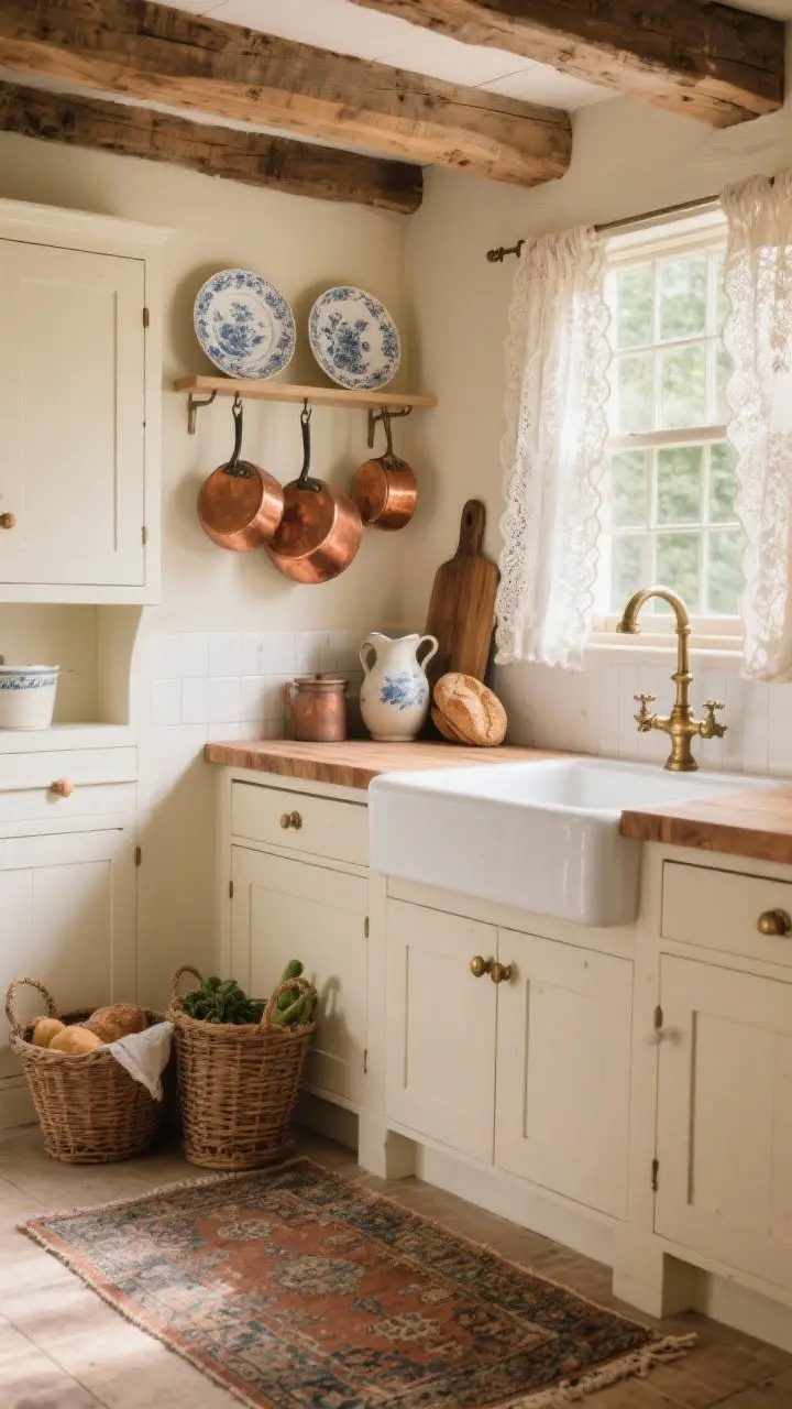 Photorealistic medium shot of a French country farmhouse kitchen corner: creamy off-white cabinets, warm butcher-block counters, white apron-front sink beneath a window with lace café curtains, exposed wood beams overhead; antique copper pots on a simple hanging rack, transferware plates on an open shelf, aged brass faucets; a worn Persian runner on the floor; ironstone pitchers, wicker produce baskets, vintage breadboards leaned on backsplash; soft natural afternoon light with warm copper glow