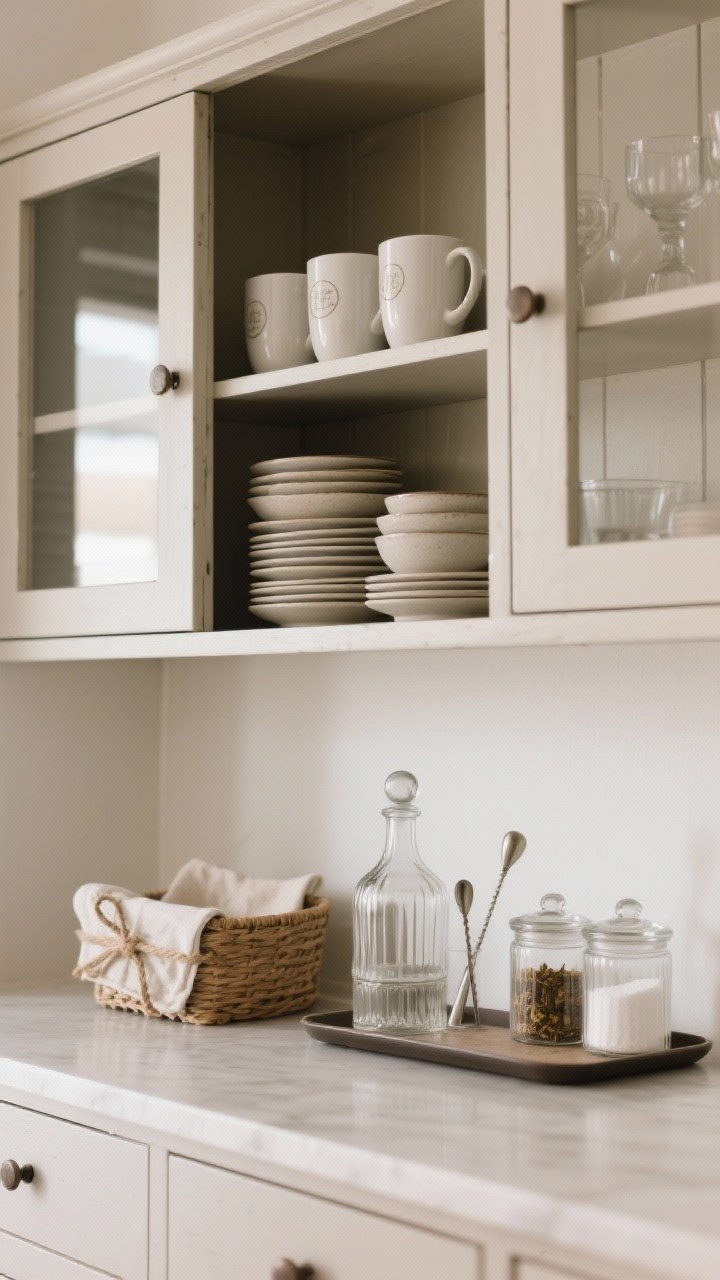Photorealistic medium shot of a functional yet pretty hutch setup. Front and center: tidy stacks of bowls beside matching mugs for easy reach. On the bottom shelf, a small bar vignette with two glass decanters, low tray, and a couple of cocktail tools. Include cloth napkins tied with twine tucked into a low basket, and a pair of lidded glass jars decanting loose tea and sugar for a clean cafe vibe. Neutral backdrop, soft even lighting, slightly angled perspective.