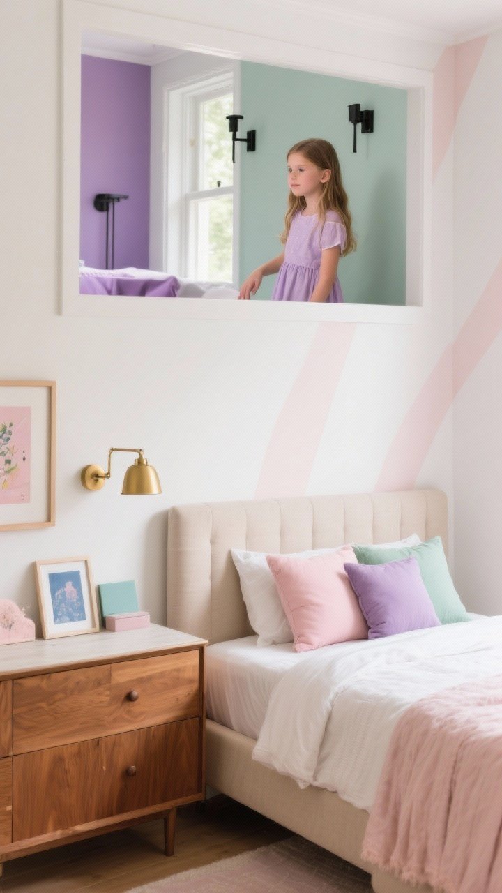 Photorealistic medium shot of a girls’ bedroom color story that grows up gracefully: warm white walls with muted blush accents and caramel wood tones; a second vignette within frame shows lilac and sage accents with matte black hardware; include a neutral upholstered bed frame and linen bedding as the neutral base, with interchangeable pillows and art in blush, lilac, sage, and dusty blue options on a nearby dresser; brass picture light adds warmth; soft morning light; focus on the evolving color palette concept, not people.