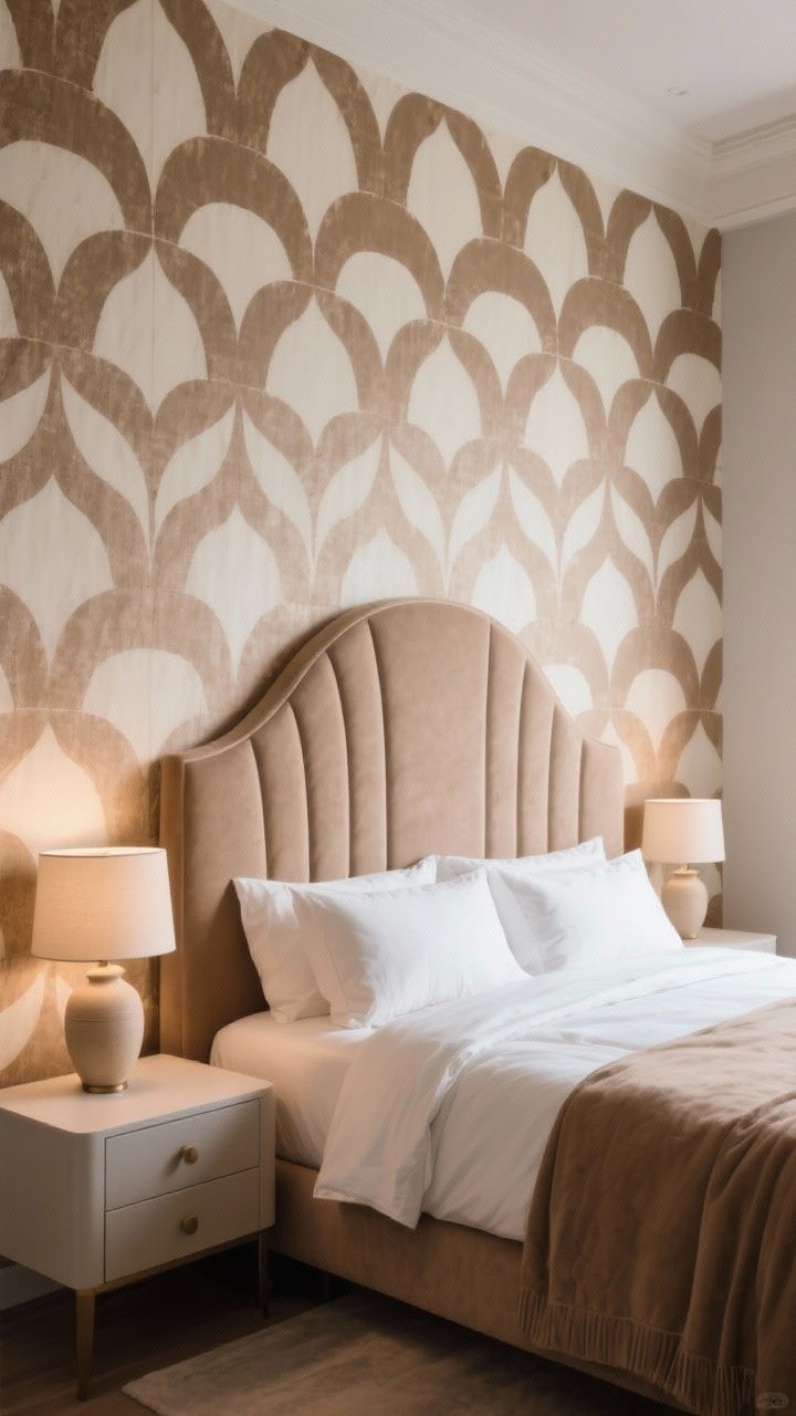 Photorealistic medium shot of a high-impact headboard wall: wallpaper pattern echoing a curved upholstered headboard—soft arch motif in warm taupe and cream; uncluttered nightstands with small neutral ceramic lamps; matching headboard color picked up in the wallpaper; controlled warm lighting; crisp, intentional focal point.