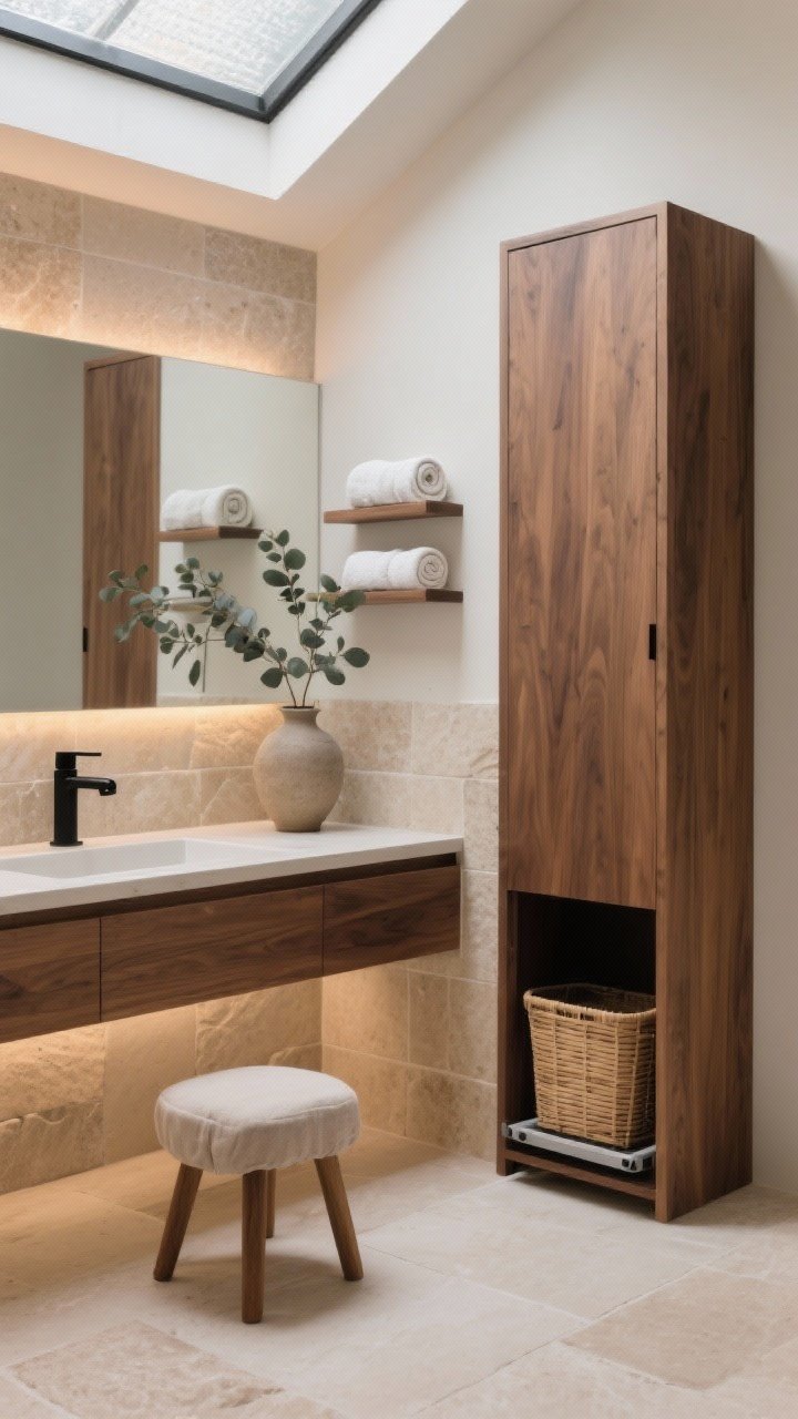 Photorealistic medium shot of a Japandi primary bath corner: large-format stone tiles in soft sand, floating warm walnut vanity with simple matte black faucets. Beside it, a slim walnut tower with a lower door open to show a pull-out bamboo hamper crate on concealed tracks. Above shelves hold rolled towels, a ceramic vase with eucalyptus; a tiny linen-clad stool nearby. Palette: sand, walnut, matte black, creamy white. Lighting from a skylight/frosted clerestory and warm LED under-vanity glow. Calm, tactile, unfussy mood.