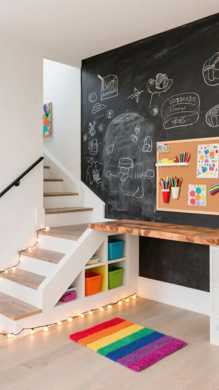 Photorealistic medium shot of a kids’ creativity cubby: charcoal chalkboard-painted back wall with doodles, a butcher-block desk built into the lowest run of stairs, rainbow color-coded bins in a cubby system, magnetic strips holding art tools, a pinboard wrapped in washable canvas, cheerful rug on the floor, string lights tracing the stair slope for playful illumination; tidy, vibrant, no people.
