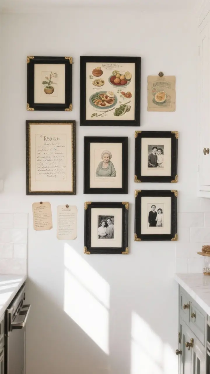 Photorealistic medium shot of a kitchen gallery wall: a curated arrangement of vintage food illustrations, framed Grandma’s handwritten recipe cards, and a few black-and-white family photos. Use black frames with cream mats and subtle brass accents for a cohesive 2–3 tone color story. Mix small recipe cards with larger prints, consistent style, straight-on view. Soft natural daylight, clean white wall, spacing feels balanced and polished, no clutter.