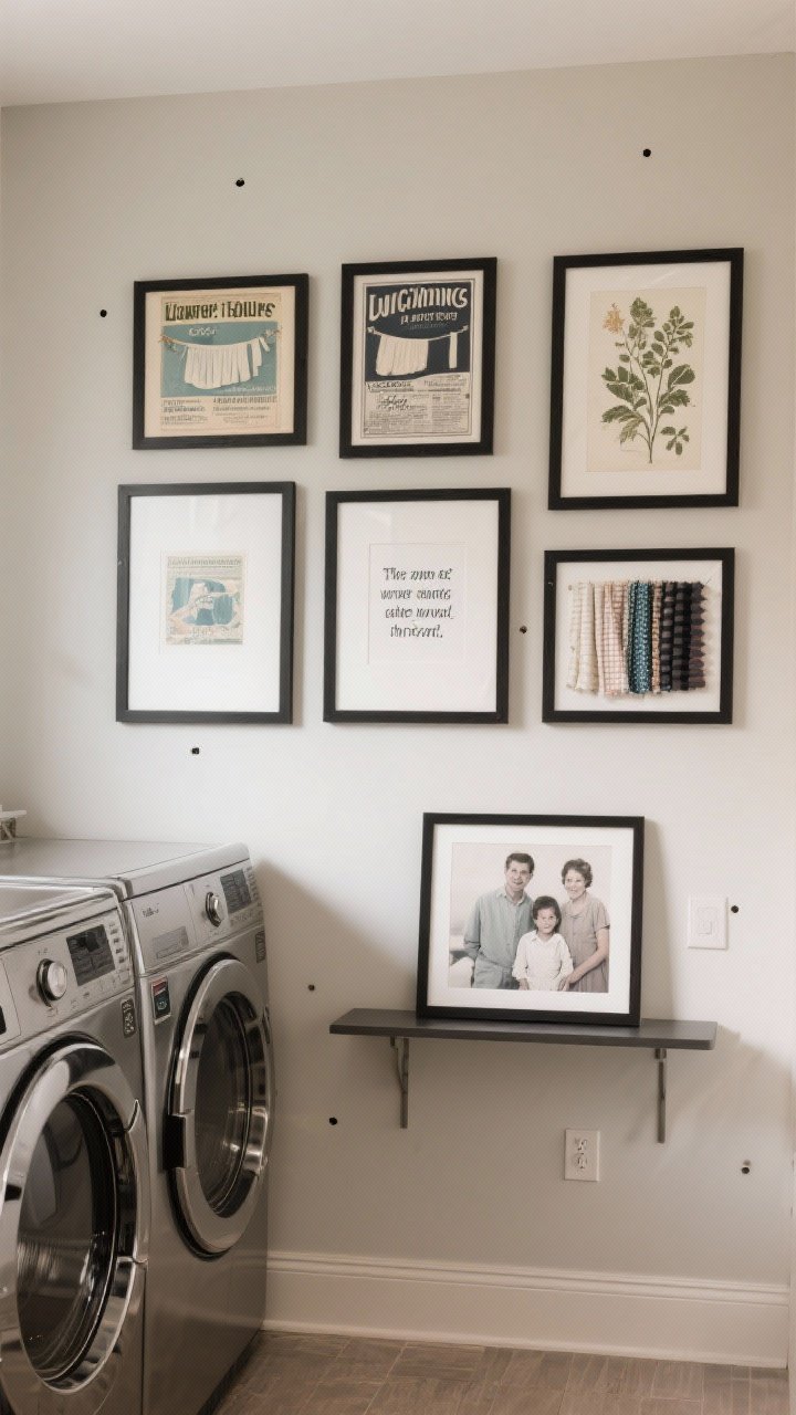 Photorealistic medium shot of a laundry room gallery wall: thin black frames in varied sizes arranged over a neutral wall, featuring vintage laundry advertisements, botanical prints, fabric swatches, and a small family photo; a single subtle, cheeky quote print included; front-load machines and a slim console below; cohesive muted color palette in artwork; soft ambient lighting; no visible nail holes (implied command strip clean mounting).