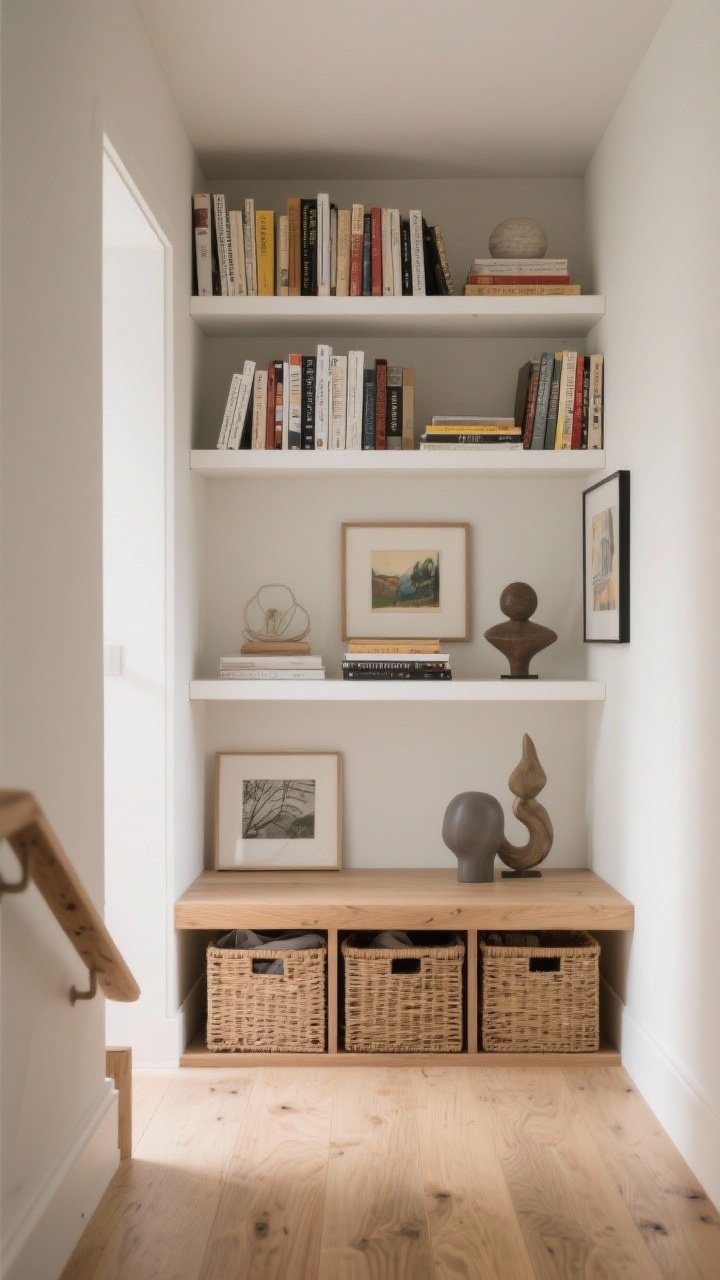 Photorealistic medium shot of a micro library landing: floating white oak shelves in a corner, styled with a mix of vertically and horizontally stacked books, small framed art, and sculptural objects; closed baskets on the bottom shelf to hide clutter; floors kept clear; soft daylight highlighting wood grain; corner-angle view to emphasize space-saving function.
