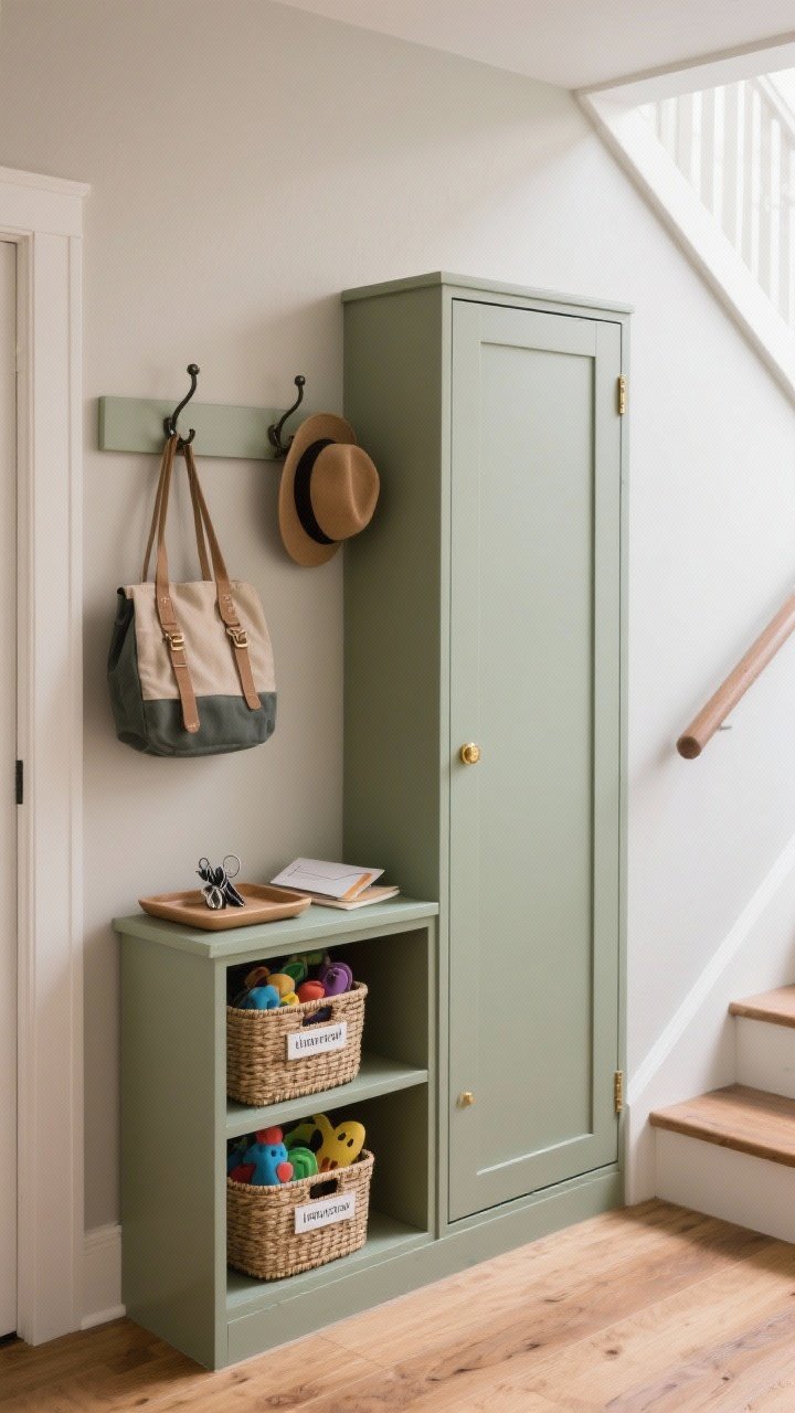 Photorealistic medium shot of a mini drop zone on a stair landing: slim closed cabinet in matte sage with brass pulls, a wall rail with double hooks holding a bag and hat, a small tray atop the cabinet for keys and mail, and labeled woven baskets inside an open lower cubby for kids’ items; neutral walls, warm wood floors; even natural light; angle from the side to show traffic clearance.