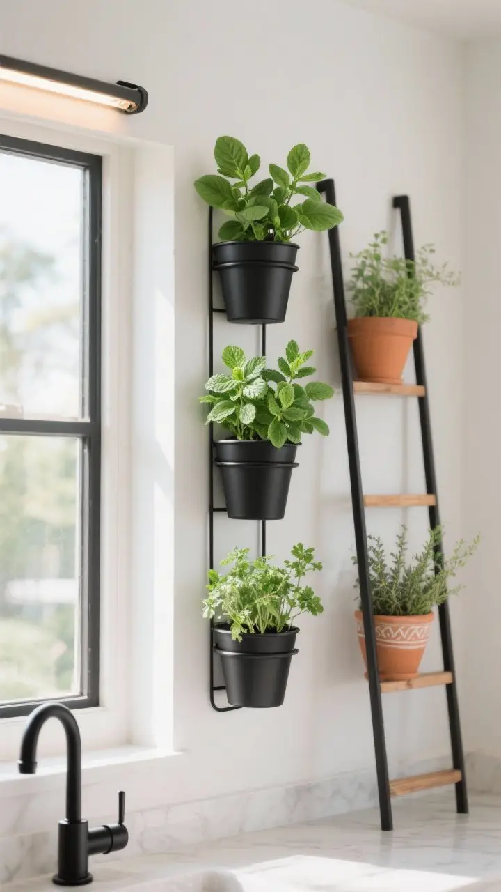 Photorealistic medium shot of a mini herb potting wall: black metal wall planters aligned vertically near a sunny window, planted with basil, mint (separate pot), parsley, and thyme. Include a slim ladder shelf with terracotta and ceramic pots. Hardware finish matches faucet (black). Bright south/west natural light; optional slim grow light bar subtly mounted; fresh, living green focus.