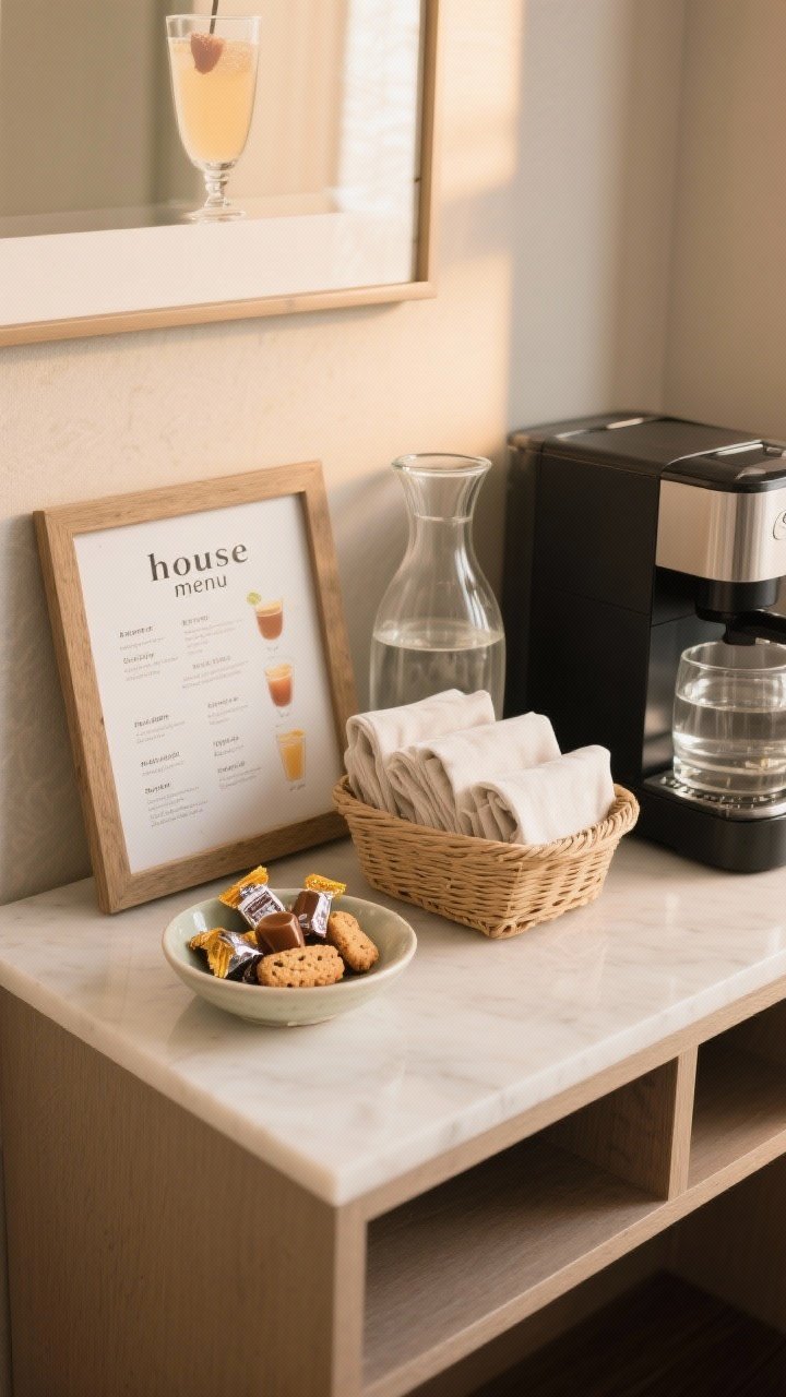 Photorealistic medium shot of a mini hospitality setup beside the coffee machine: a small ceramic dish with individually wrapped caramels and biscotti, a framed “house menu” print listing go-to drinks, a low basket of neatly folded cloth napkins, and a clear glass water carafe with matching cups. Warm, welcoming light, straight-on composition, elegant and host-ready without clutter.