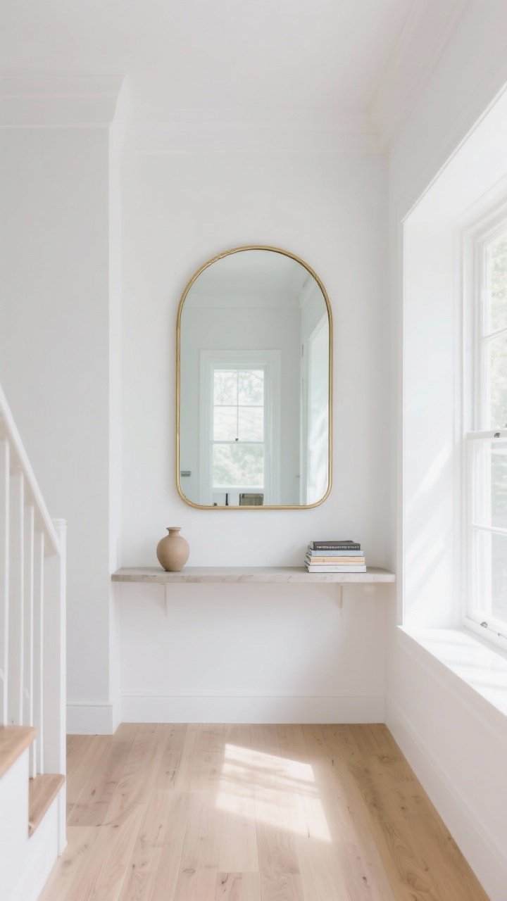 Photorealistic medium shot of a mirror moment on a landing: oversized arched mirror with thin brass frame hung securely, reflecting a window to bounce light; a narrow console beneath with a small vase and book stack; bright, airy daylight; crisp white walls and pale oak floor; straight-on view emphasizing symmetry and brightness; no people.