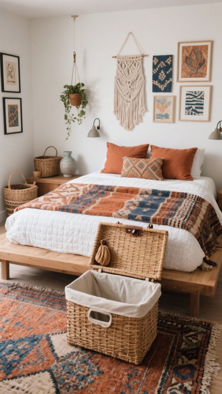 Photorealistic medium shot of a modern boho guest room vignette: low-profile oak platform bed with white quilt, clay-toned pillows, patterned throw in earthy terracotta and indigo. At the foot, a lidded rattan trunk functioning as a laundry hamper, cotton-lined with hidden compartments; lid on soft-close hinges slightly lifted, cedar sachet peeking. Moroccan rug, hanging planter, gallery wall of handmade prints, macramé wall hanging, ceramic lamps, woven baskets. Palette: terracotta, indigo, white, natural rattan. Warm, layered textures.