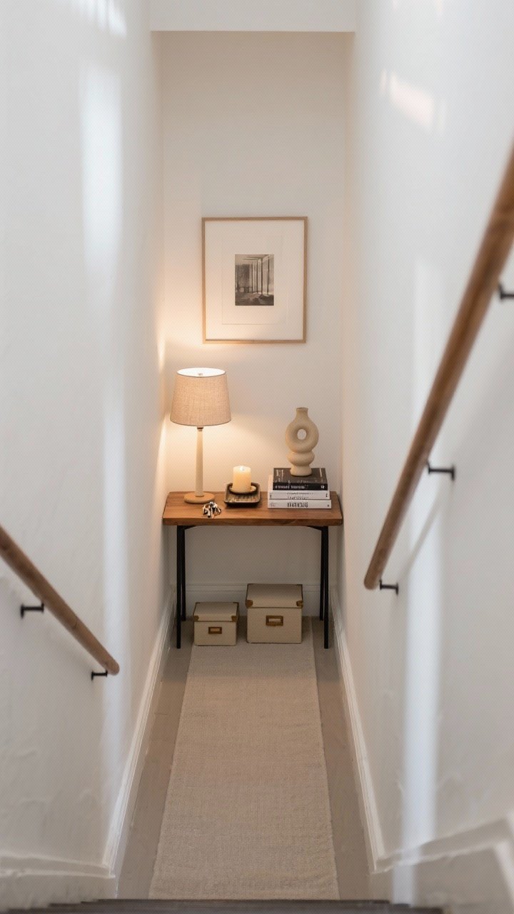 Photorealistic medium shot of a narrow stair landing with a slim console table (10–14 inches deep) in warm wood and black metal legs; styled with three layers: a small linen-shade lamp, a candle, a stacked trio of design books, and a sculptural ceramic object; small tray with keys, and two lidded boxes tucked beneath; soft warm lamp glow with ambient daylight; straight-on view with white walls, neutral runner; include an alternative picture ledge mounted above holding a framed print to suggest a tight footprint solution.