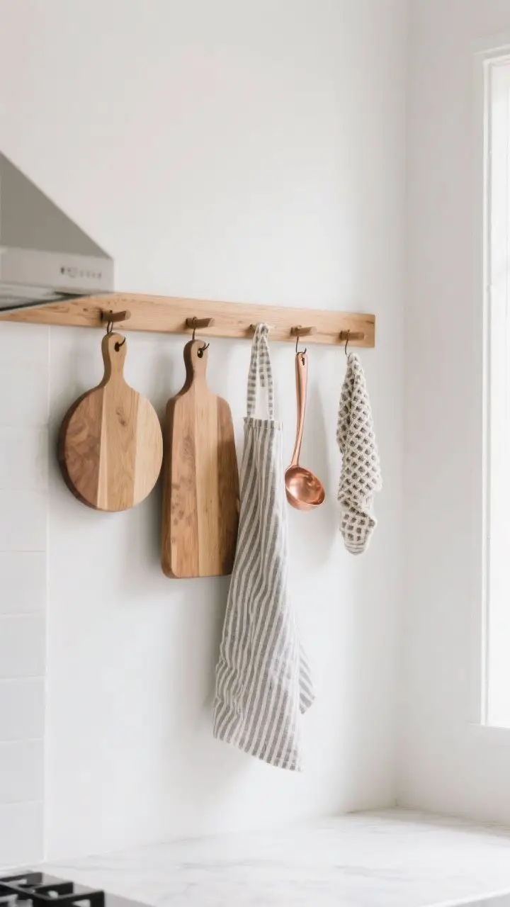 Photorealistic medium shot of a natural oak peg rail on a white kitchen wall, styled like functional art: hanging round and rectangular wooden cutting boards, a striped linen apron, a pair of copper ladles, and a looped waffle-weave towel. Scandinavian vibe, curated selection only. Side angle showing depth and varied hanging heights. Bright, natural morning light; minimal counters kept clear.