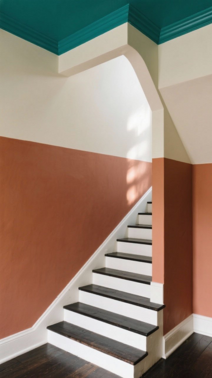 Photorealistic medium shot of a painted accent landing: color-blocked wall in warm clay on the lower third with creamy white above to define the zone; stair risers painted with crisp white-and-charcoal stripes for playful character; contrasting deep teal ceiling creating a jewel-box effect; clean lines, satin finish paint; late-afternoon natural light enhancing color richness; straight-on composition capturing wall, risers, and ceiling.