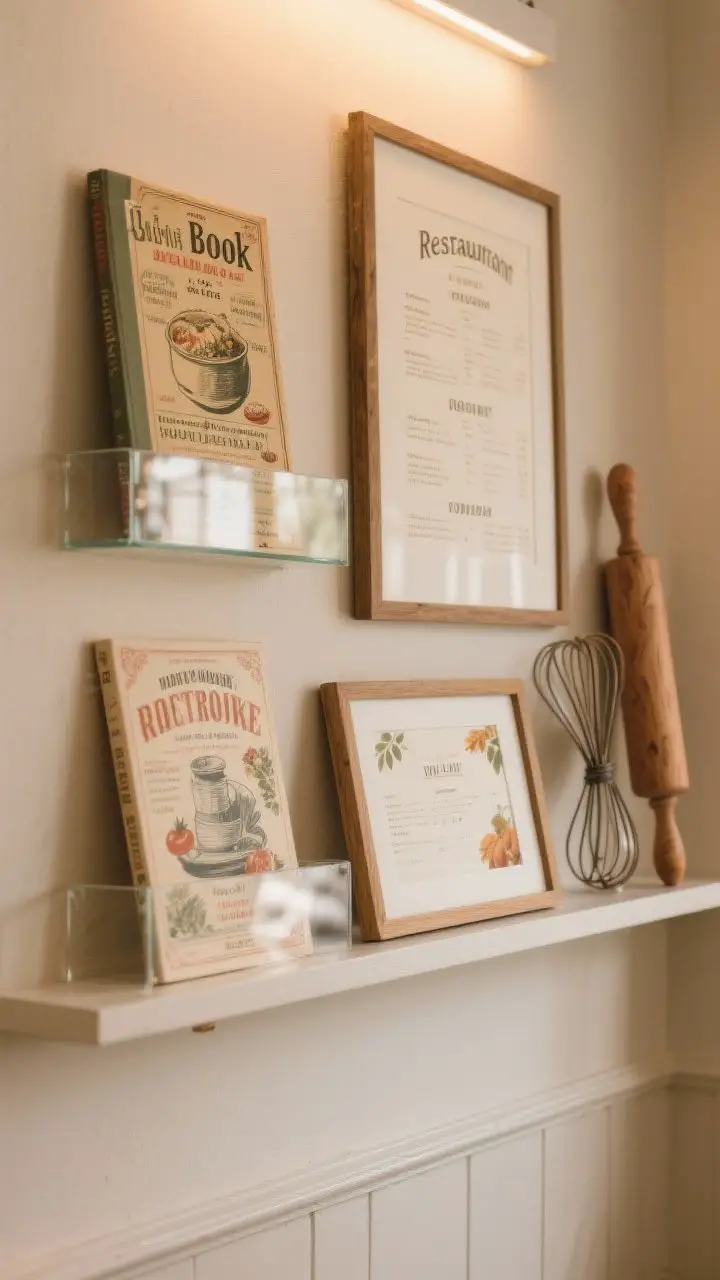 Photorealistic medium shot of a picture ledge display: framed vintage cookbook covers and a couple of framed restaurant menus, arranged with seasonal swap potential. Mix in a wooden rolling pin and a vintage whisk leaning or mounted nearby for depth. Use UV-protective glare on glass implied by subtle reflections. Warm neutral wall, soft indirect light, nostalgic tone.