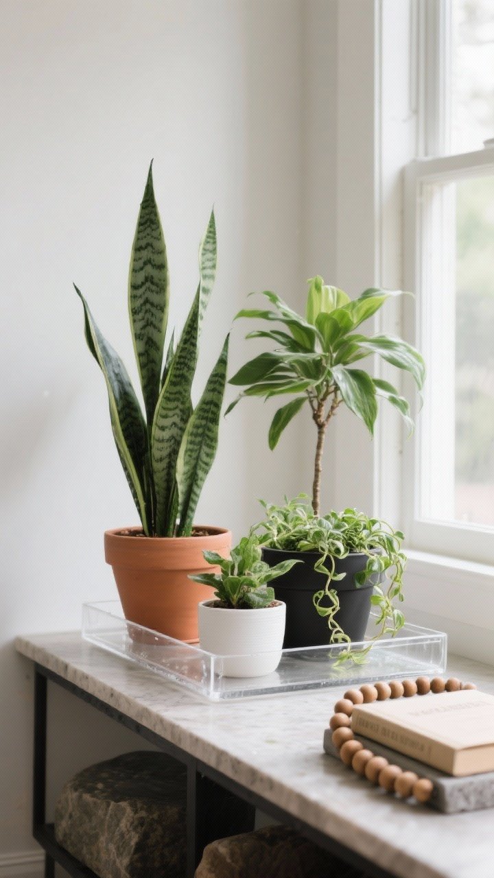 Photorealistic medium shot of a plant family displayed on a watertight tray with a clear liner, set on a console or windowsill; include a tall plant (snake plant or ZZ), two medium plants, and one trailing plant; unify with one pot color family (terracotta, white, or black); add a book or small riser to stagger heights and a stone or wood bead garland for texture; soft daylight highlighting foliage, clean, intentional grouping.