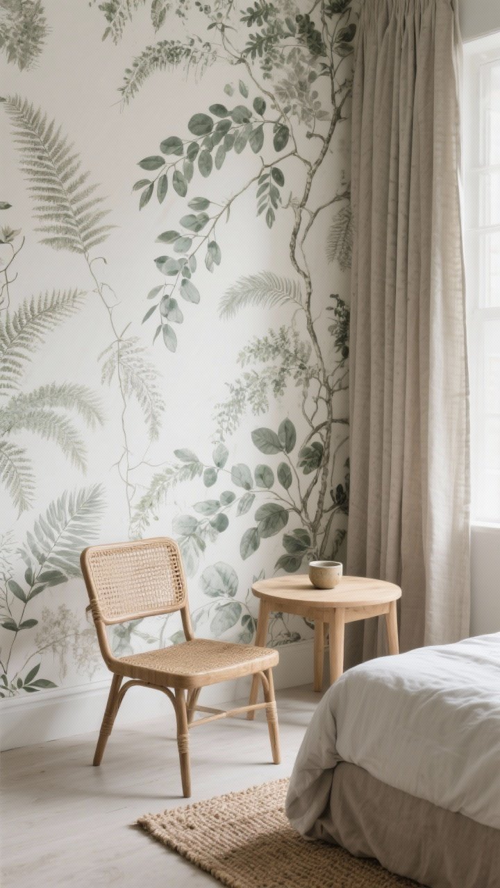Photorealistic medium shot of a serene bedroom corner with botanical wallpaper: delicate ferns and vines in monochrome sage and eucalyptus tones; natural materials layered—rattan chair, jute rug, linen curtains, and a light wood side table; filtered daylight; calm energy, soft shadows, inviting tea-sipping vibe from a small ceramic cup on the table.