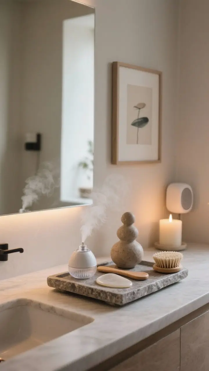 Photorealistic medium shot of a serene ritual setup: a stone tray on the vanity grouping a face steamer, gua sha, and a natural body brush; a single serene art print on the wall and a small ceramic sculpture; candle lit with dimmed lights, subtle white-noise speaker in background; calm, intentional, uncluttered composition