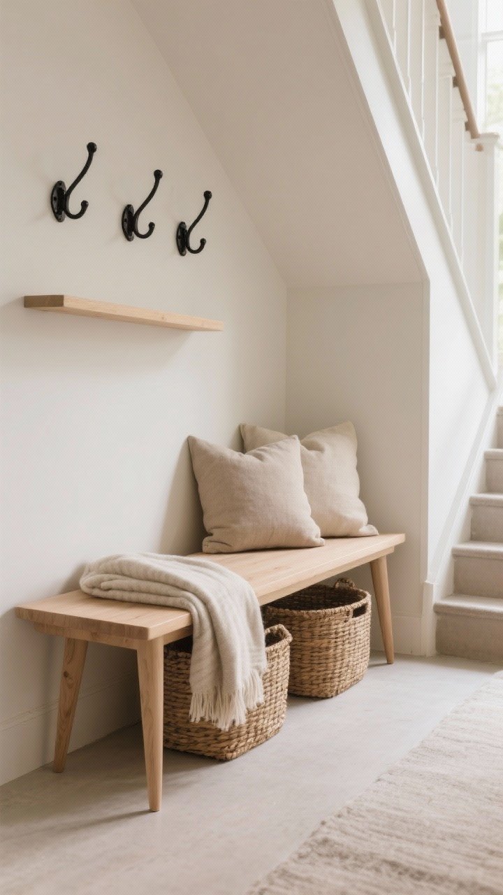 Photorealistic medium shot of a slim bench (under 16 inches deep) on a stair landing: light wood bench with tapered legs, two pillows and a folded throw on top; woven baskets tucked underneath for hidden storage; small wall shelf and a set of black metal hooks mounted above for a layered, built-in feel; neutral palette with soft textures; soft morning daylight; straight-on view to show safe walkway clearance.
