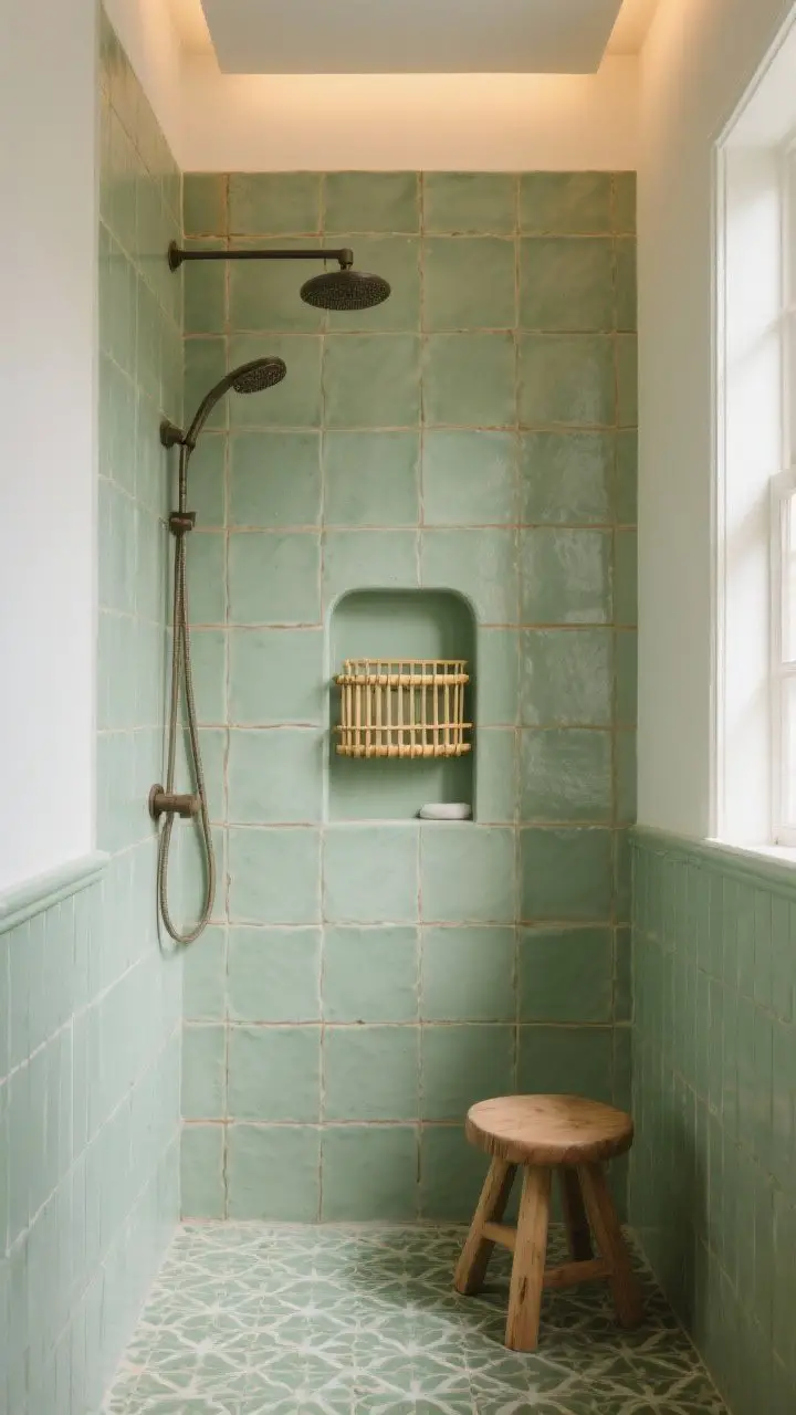 Photorealistic medium shot of a spa-like shower surround tiled in soft sage green. Use zellige tiles with subtle texture and variation, warm tan grout for depth, and a bamboo shower caddy with a small wood stool nearby. Natural daylight streaming in; if dim, warm LED light that flatters sage. Include a glimpse of sage-patterned floor or half-wall wainscoting for continuity. Calm, soothing mood, organic accents emphasized.