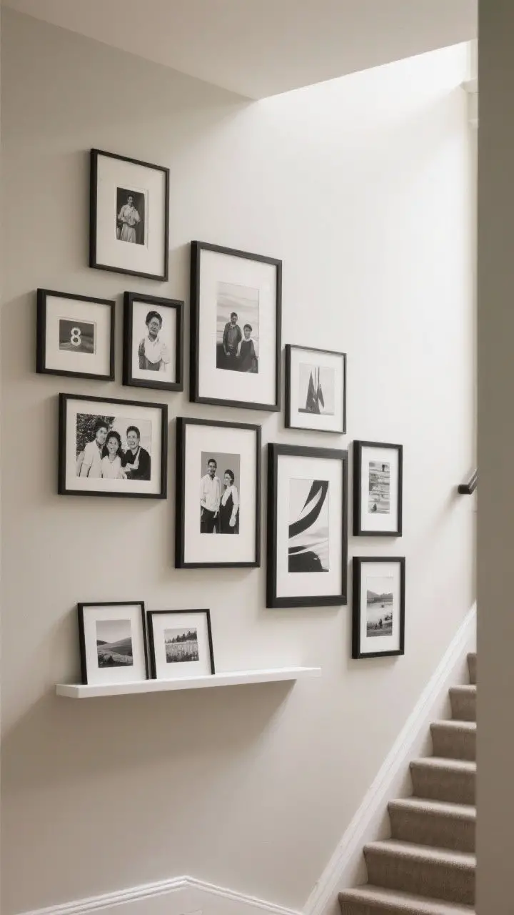 Photorealistic medium shot of a stair landing gallery wall: mixed frame sizes (8x10s and a couple of 16x20s) arranged organically with a cohesive black frame finish, featuring black-and-white family photos and abstract travel prints. Sightlines considered so art is visible from both the ascending stairs and the landing. Optional sleek white picture ledge along the lower row for easy swapping. Neutral painted wall, soft ambient daylight, matte paper to avoid glare.