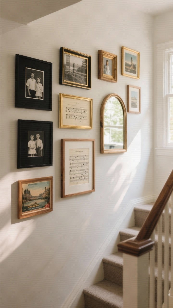 Photorealistic medium shot of a stair landing gallery wall: mix of black, brass, and natural wood frames in varied sizes arranged salon-style, including family photos, travel prints, vintage postcards, a framed sheet music page, and one arched mirror to bounce light; neutral off-white wall, warm natural daylight from a side window, matte wall paint, subtle shadows; angle from halfway up the stairs looking straight-on to the wall; cohesive palette with black, brass, and oak tones; no people.