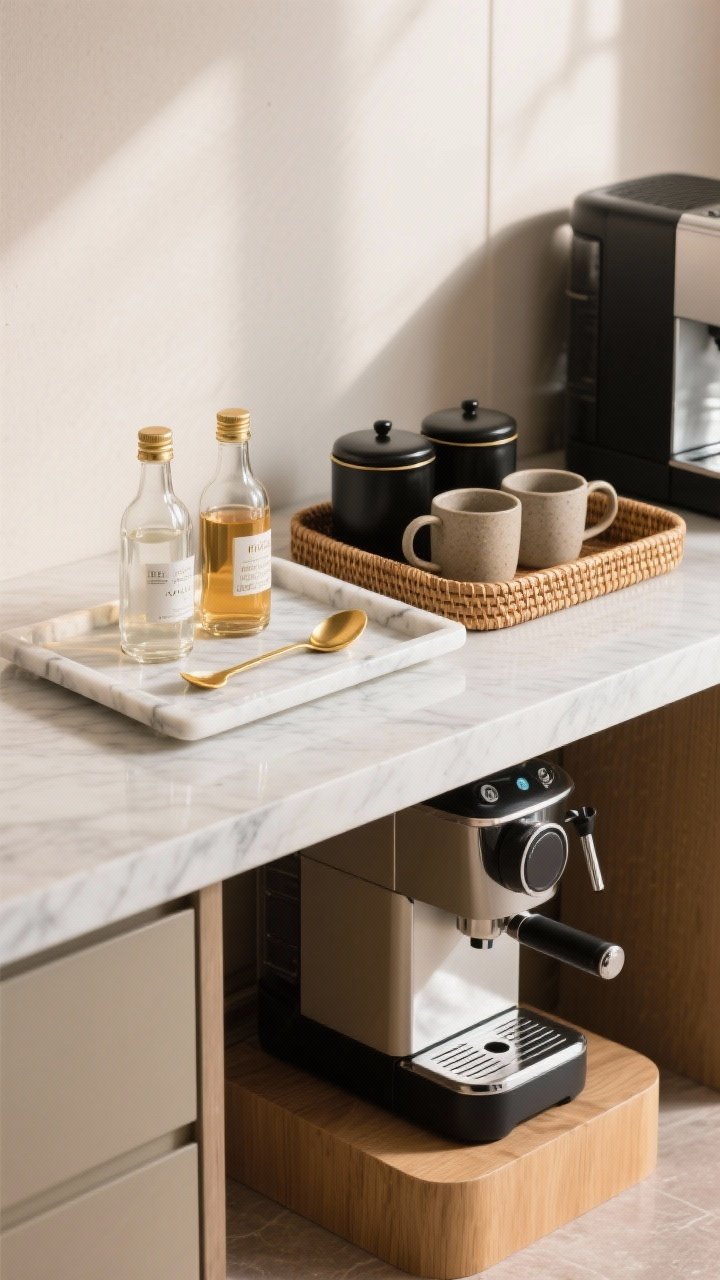 Photorealistic medium shot of a styled coffee surface using trays: on the left, a marble tray with gold spoons and clear syrup bottles for a glam hotel vibe; on the right, a rattan tray with matte black canisters and stoneware mugs for warm modern style; beneath the machine, a low wood pedestal riser protecting the counter. Grouped by function, straight-on view, soft morning light, balanced and intentional.