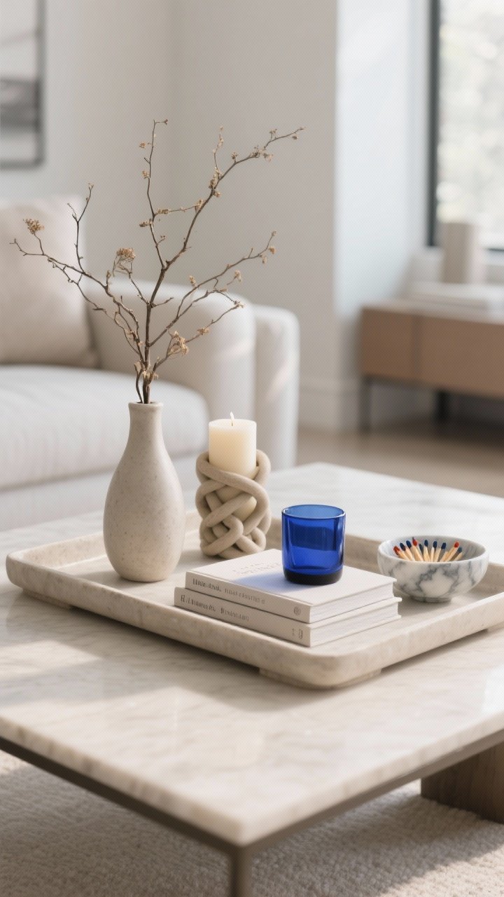 Photorealistic medium shot of a styled coffee table vignette on a neutral tray in a modern living room; include a small vase with fresh stems or dried branches for height, a chunky candle or sculptural ceramic knot for weight, a flat layer of two small coffee table books, and a tiny decorative bowl or match striker for personality; keep the color story tight with 2–3 tones, featuring a neutral tray plus one bold cobalt glass or marble match holder; soft natural daylight, shallow depth of field, clean background, no clutter.