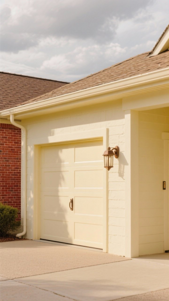 Photorealistic medium shot of a sunny buttery cream garage door and adjacent interior wall glimpse for cohesion: muted-undertone cream avoiding yellow, satin finish; oil-rubbed bronze hardware; facade brightened under overcast/cloudy sky; complements red brick and warm shingles in the scene; welcoming, soft warmth.