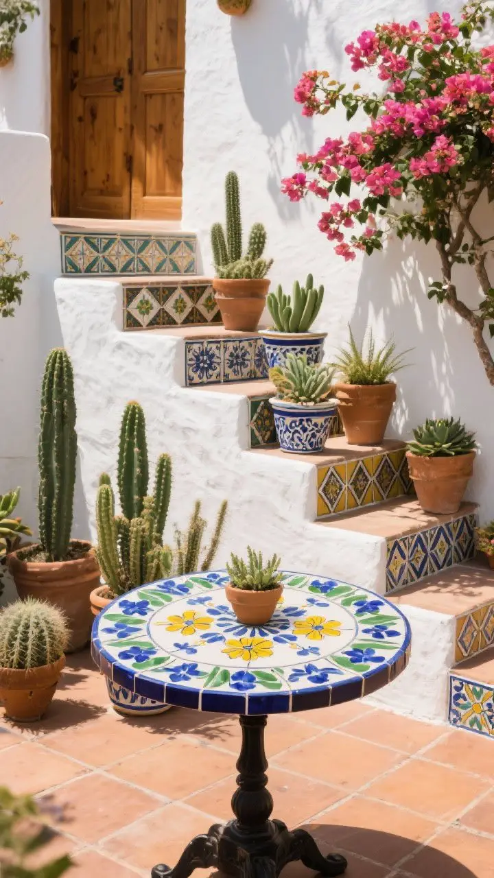Photorealistic medium shot of a sunny Mexican-inspired patio vignette featuring a small round bistro table tiled in hand-painted Talavera with cobalt, green, and sunshine yellow floral and geometric patterns; matching Talavera tiles on stair risers in mixed sizes with a thin geometric border; a cluster of Talavera pots at varied heights planted with cacti, succulents, and bougainvillea, set against white stucco and warm wood; natural afternoon light with slight shadows; sealed glossy tile finish visible; no people.
