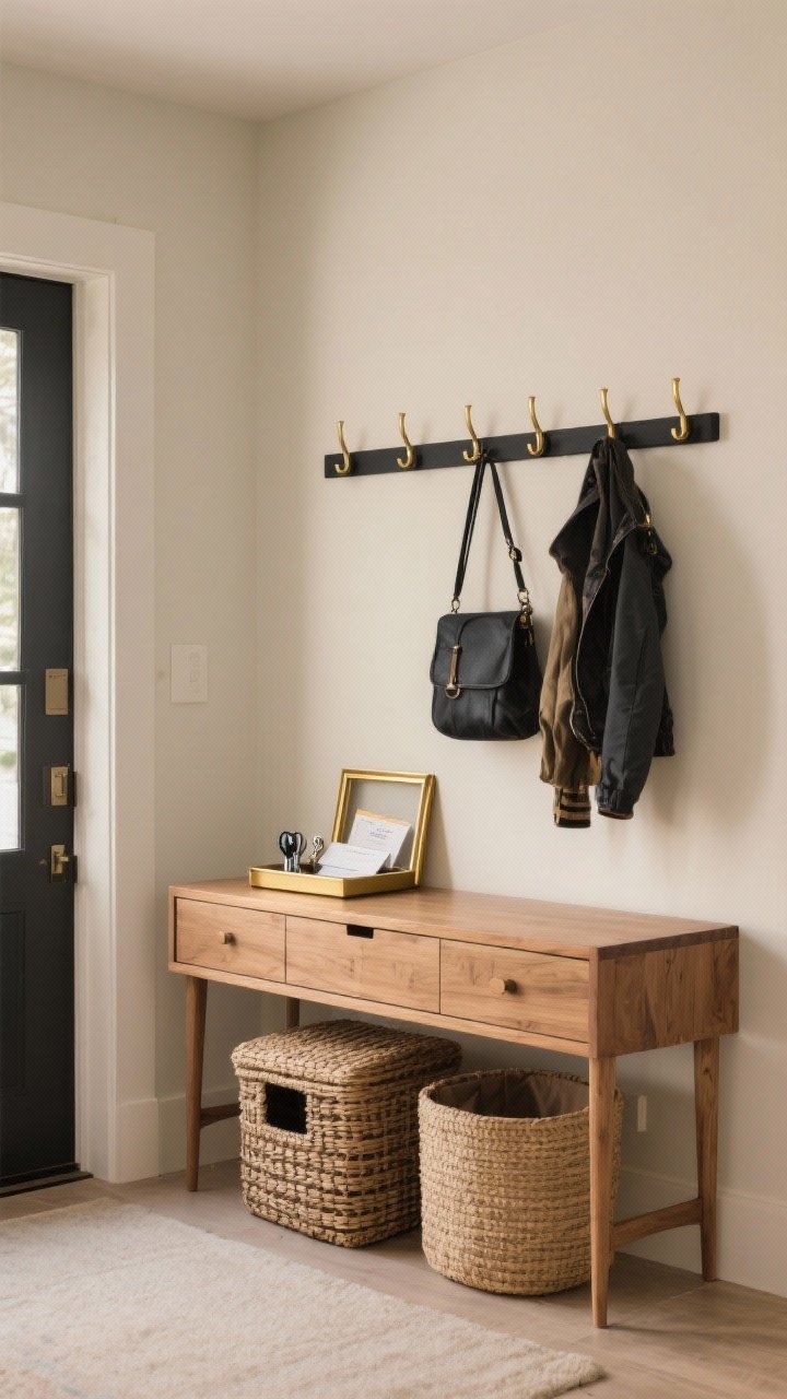 Photorealistic medium shot of a tidy foyer drop zone: a slim natural-wood console with closed drawers, a brass-framed catchall tray holding keys and mail, lidded woven basket tucked below for hidden storage, and a row of matte black and brass hooks at the right height above for bags and jackets. Neutral wall, soft warm lighting, clean styling with the console top 70% functional and 30% decorative, straight-on perspective.