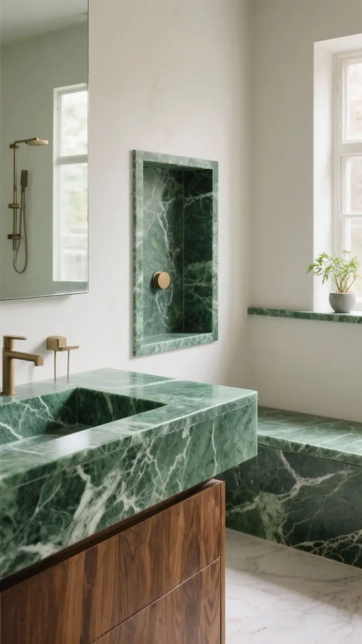Photorealistic medium shot of a vanity area featuring a jade marble or green quartzite countertop with elegant veining, paired with a walnut or oak base for warmth. Include a small shower niche or bench inset in the background using the same stone, and a window sill ledge in matching material holding a small plant. Soft, natural lighting that catches the stone texture. Timeless, subtle sophistication.