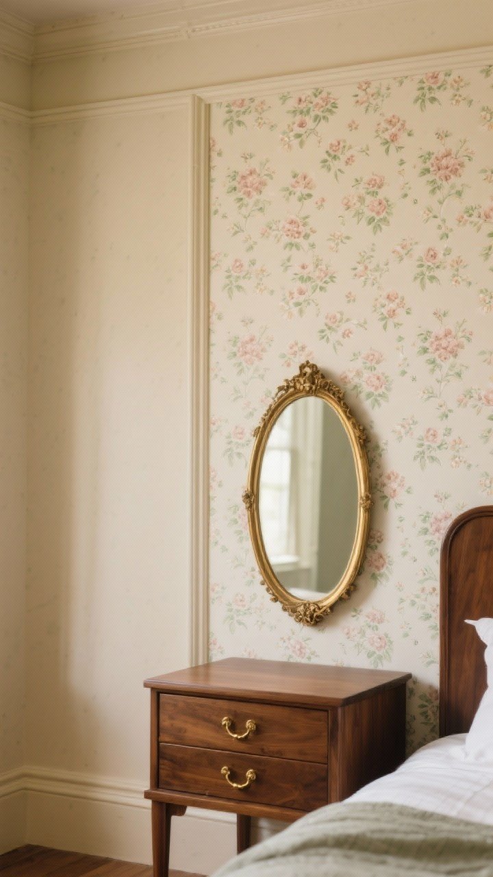 Photorealistic medium shot of a vintage-inspired bedroom wall in muted tones: small-scale ditsy floral wallpaper in dusty blush and sage on a warm cream ground; modern walnut nightstand to avoid period drama; antique brass drawer pull and a brass-framed mirror; soft afternoon light; framed molding panel highlighting a section of wallpaper for a faux panel moment.