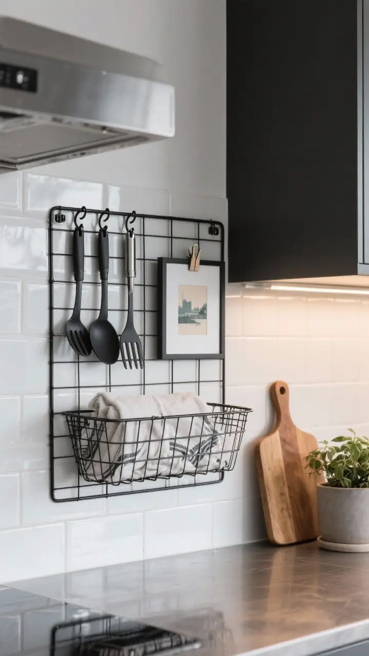Photorealistic medium shot of a wall-mounted metal grid panel in matte black over white tile: S-hooks hold utensils, a wire basket with linens, and art clips with a small print. Nearby, a warm wood cutting board and a potted plant balance the metal’s edge. Subtle reflections from under-cabinet lighting; clean, modern-industrial vibe.