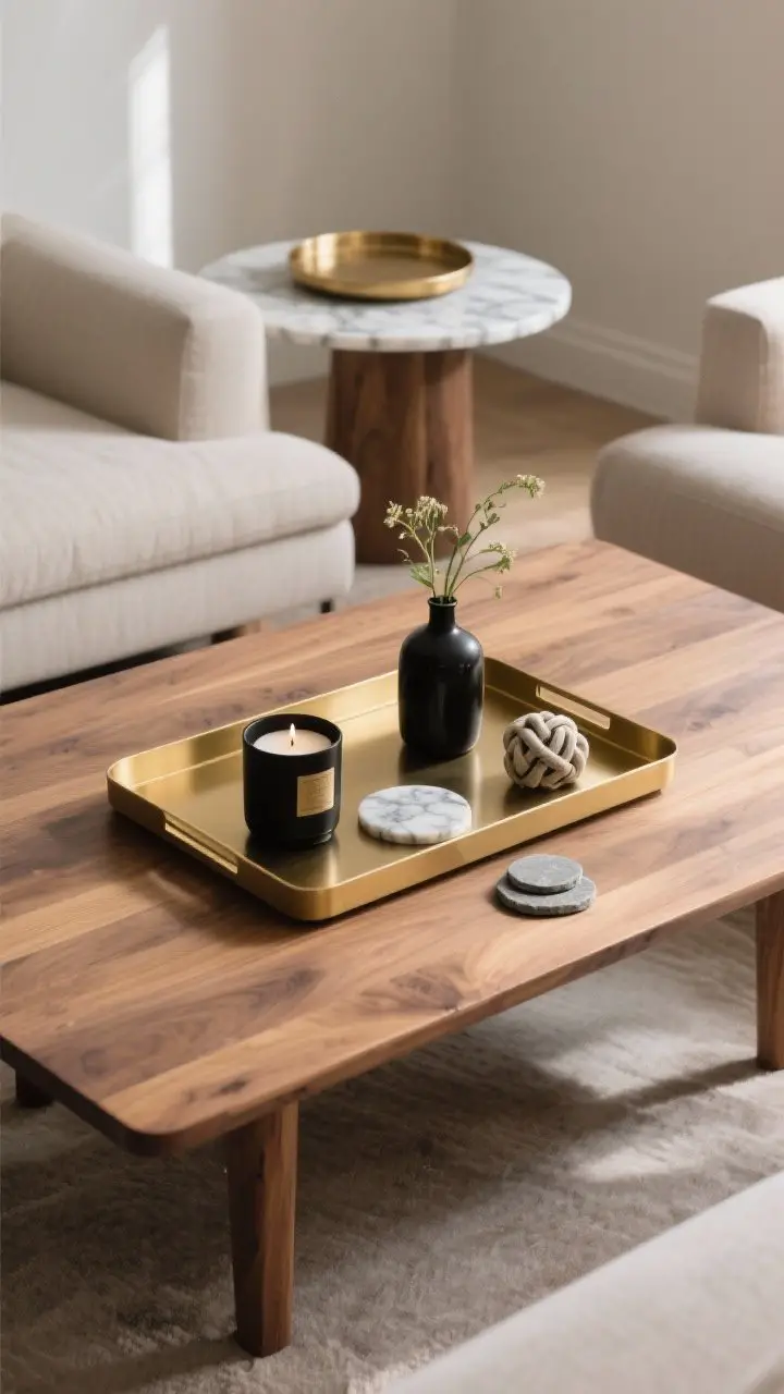 Photorealistic medium shot of a wood coffee table styled with a contrasting brass rectangular tray on top, containing a matte black candle, a small bud vase with fresh stems, a marble knot paperweight, and stone coasters; soft afternoon light; round tray variant visible in background on a marble side table for contrast; calm, cohesive palette with warm wood, brass gleam, and matte black accents; angle from sofa height to emphasize the tray’s pulled-together focal point.