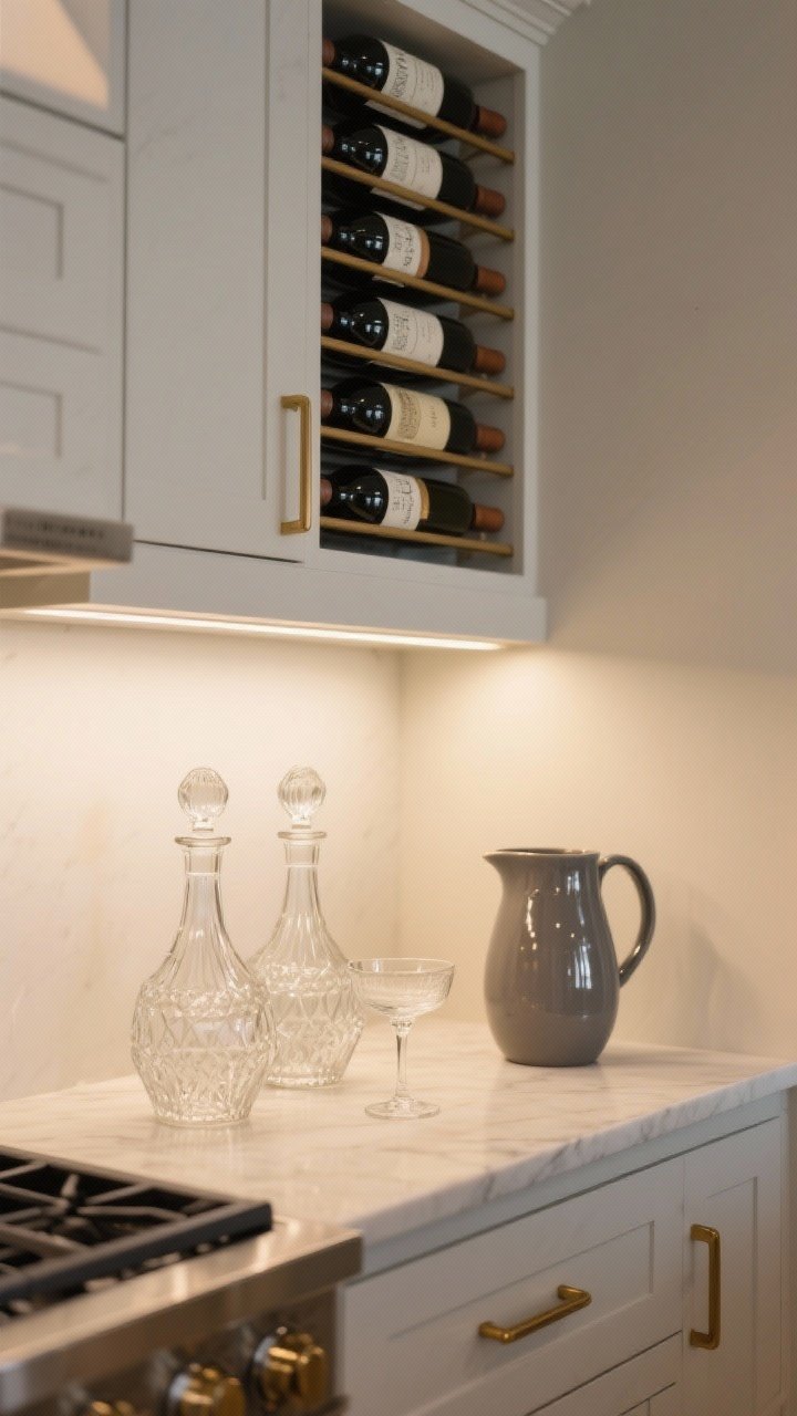 Photorealistic medium shot of an above-cabinet wine-and-entertaining nook: low-profile horizontal wine racks with labels facing out, a pair of crystal decanters, vintage coupe glasses, and a matte ceramic pitcher to balance reflective elements. Subtle brass accents add shine. Warm ambient lighting; keep clear of the range area; corner angle showcasing depth and balance of glass and matte textures.