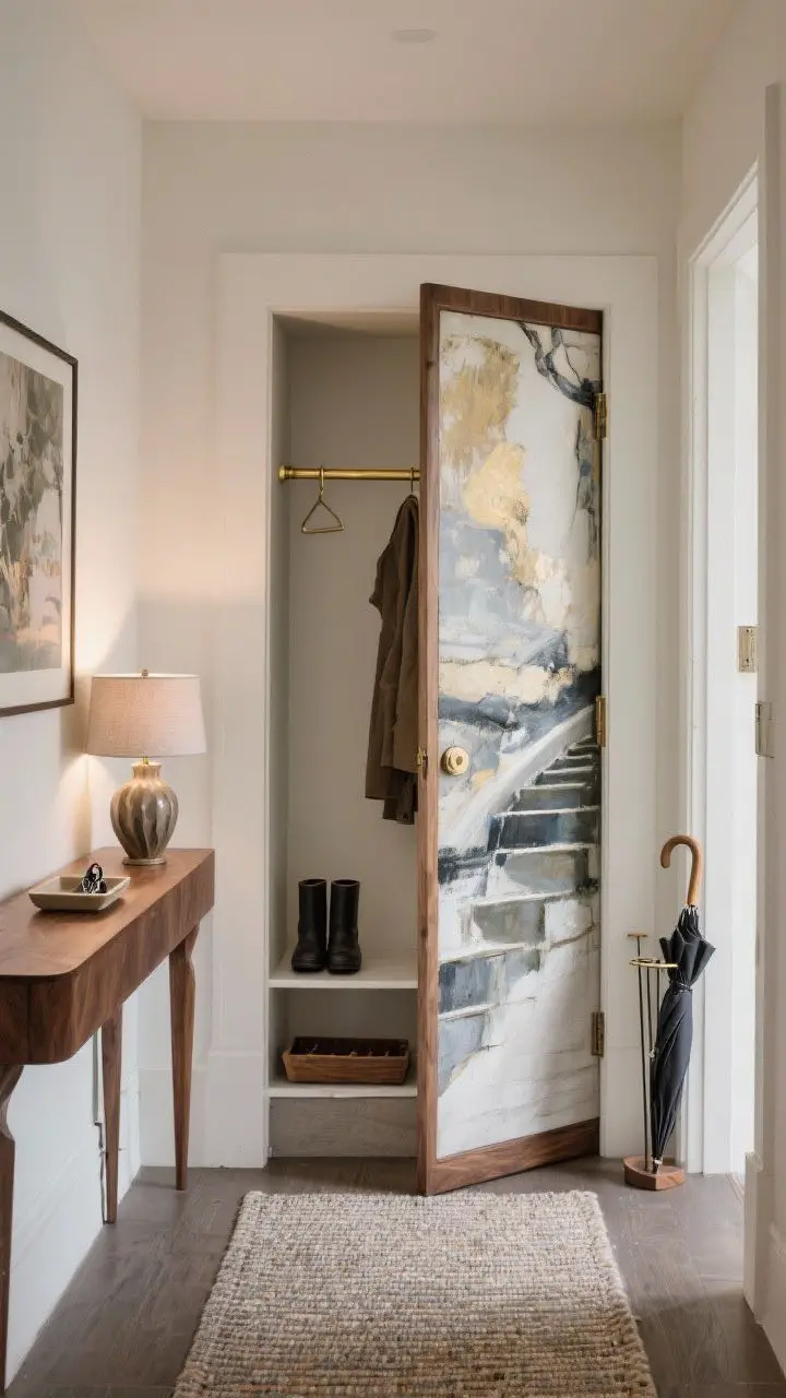 Photorealistic medium shot of an entry gallery concealing a coat closet under stairs: a hinged panel wrapped in large-format artwork serving as the closet door, interior fitted with a brass rod, slim shelf, and boot tray; outside, a walnut console shelf with a sculptural ceramic lamp and a shallow tray for keys; textured runner underfoot, minimal umbrella stand nearby; refined, gallery-like lighting.