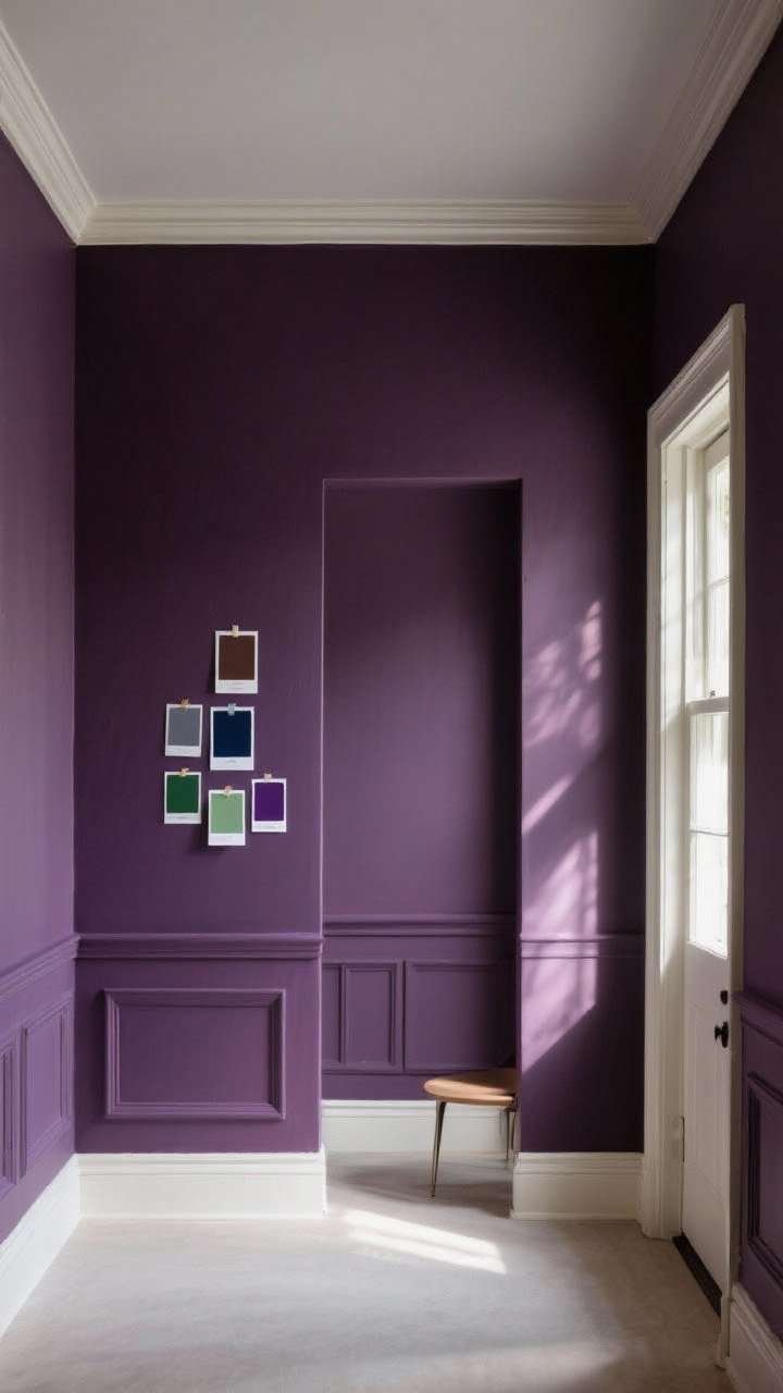 Photorealistic medium shot of an entryway painted in deep aubergine with tone-on-tone treatment: walls, trim, and ceiling all the same saturated color in matte/eggshell finish, with satin semi-gloss on the crown and baseboards for a subtle glow. Include natural morning light from an unseen side window casting soft shadows; paint swatch cards taped on the wall showing charcoal, espresso, inky navy, forest green, and aubergine test patches. Minimal furnishings so the depth and richness of the color pop; clean lines, no people.