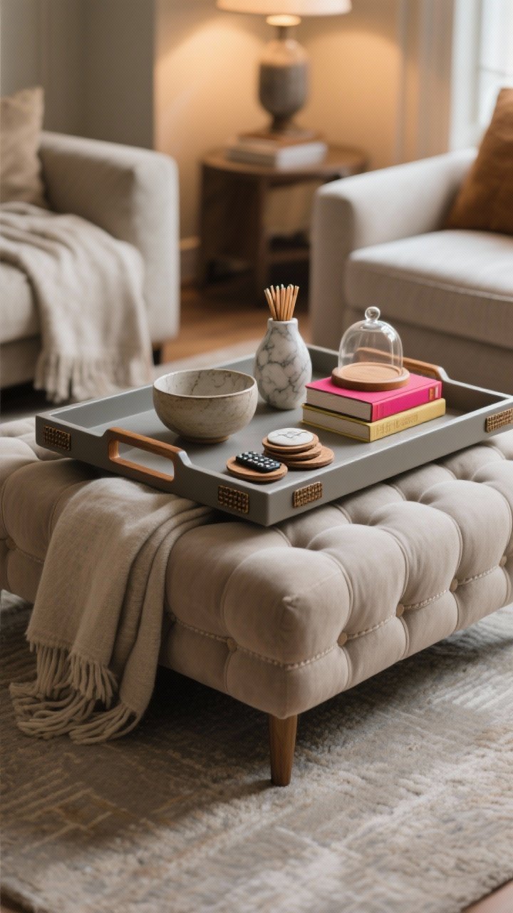 Photorealistic medium shot of an ottoman or bench with a large, sturdy tray providing a stable surface; if ottoman is tufted or soft, the tray has raised edges and handles with non-slip pads; style with a soft + hard mix: a folded throw partially under the tray, a ceramic bowl, and a wood or marble object; include stacked coasters and a small lidded box for remotes; add one pop of color via a bold book spine, vase, or match cloche; warm ambient living room lighting, comfortable yet polished mood.