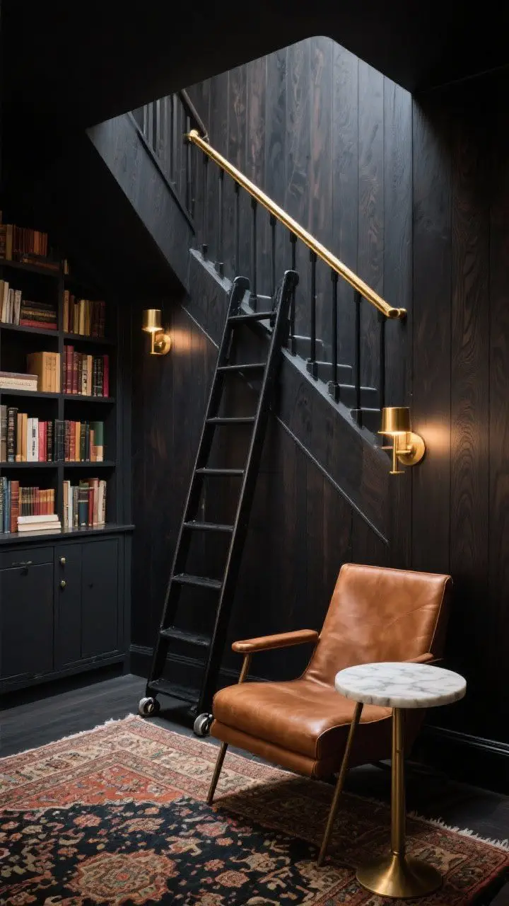 Photorealistic medium shot of an under-stairs moody library nook: floor-to-ceiling charcoal oak built-ins following the stair slope, shelves sized for hardcovers, a low cabinet for hidden storage, a slim matte-black rolling ladder on brass gallery rails, camel leather reading chair beside a petite round marble side table, soft brass sconces tucked under the stair stringer washing warm light across spines, vintage Persian runner on the floor; deep, inky palette; cozy, dramatic lighting; no people.