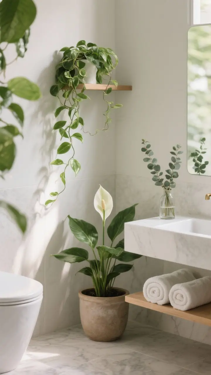 Photorealistic medium shot of bathroom greenery: a corner floor pot with a peace lily, a trailing pothos on a shelf cascading beside rolled towels, and a small bud vase with eucalyptus on the vanity; humidity-loving plants looking lush; neutral spa palette; diffused natural light for a fresh, serene feel