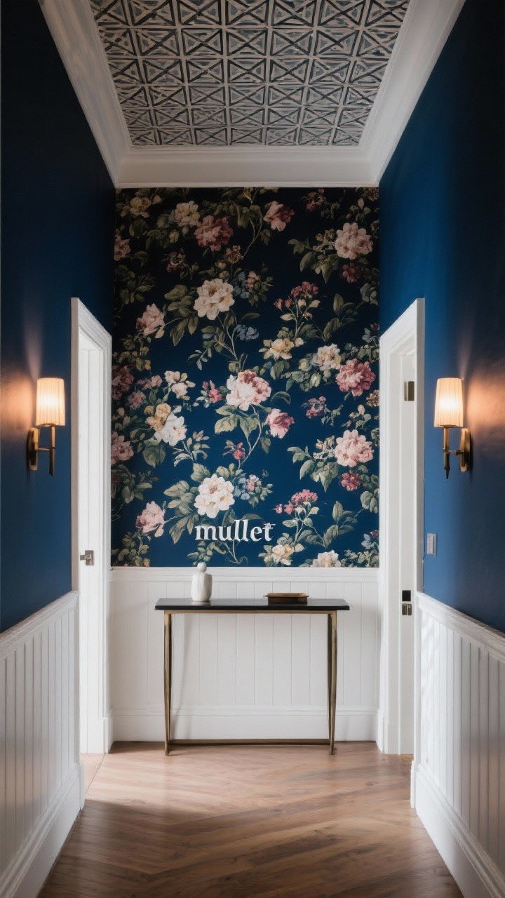 Photorealistic medium shot of bold foyer walls: deep navy paint on the walls with white wainscoting below and expressive floral wallpaper above, creating a chic “mullet” contrast. Add a patterned ceiling with a subtle geometric motif. Include a simple console and minimal decor to let the walls shine. Warm ambient light for a plush, moody, intentional vibe, straight-on view.