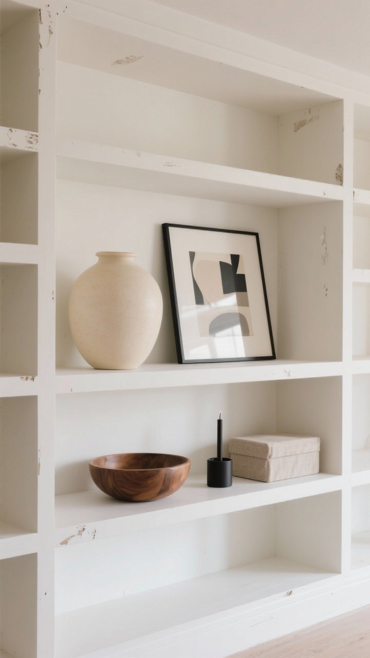 Photorealistic medium shot of built-in bookshelves freshly cleared and cleaned, white painted shelves with subtle patched scuffs, an airy minimal vibe forming as large anchor pieces are added first: a substantial cream ceramic vase, a wide wood bowl, a framed abstract art piece leaning, a matte black candle, and a textured linen-covered box. Soft neutral palette with natural light, negative space between items, no clutter, focus on intentional placement and calm mood.